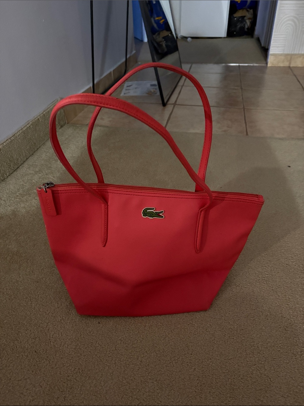 Lacoste Coral-Red Tote with Croc Emblem